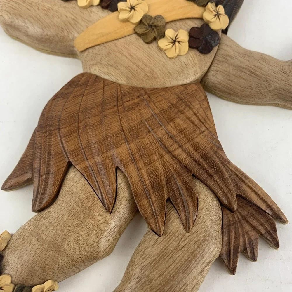 VTG Hawaiian Hula Girl Wood Carving Wall Art Tiki Bar Polynesian Intarsia Decor